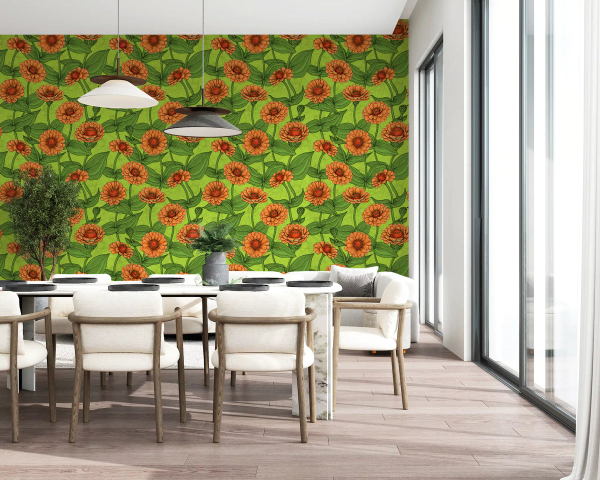 Papier peint de jardin de zinnias orange éclatant⁠