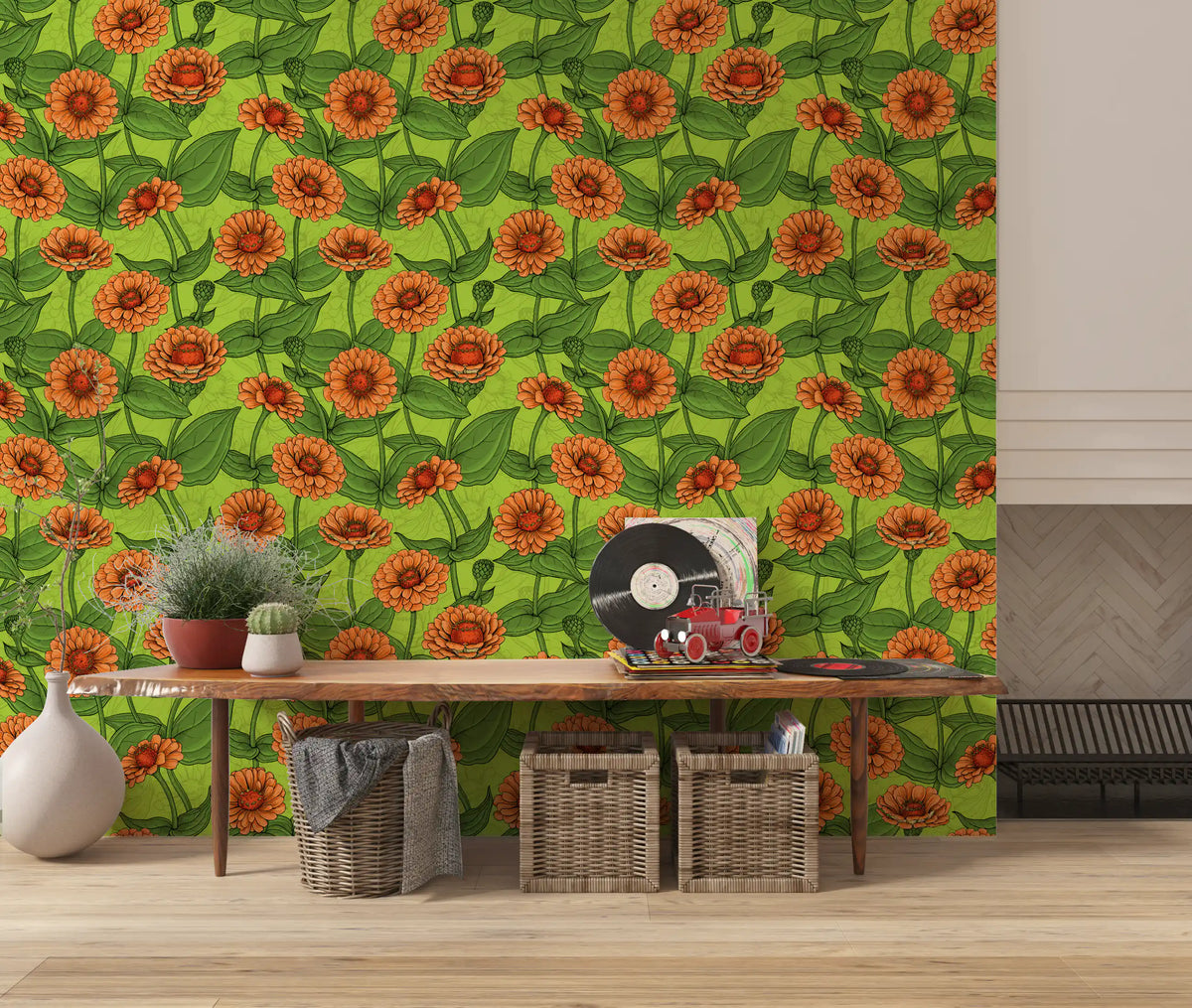 Papier peint de jardin de zinnias orange éclatant⁠