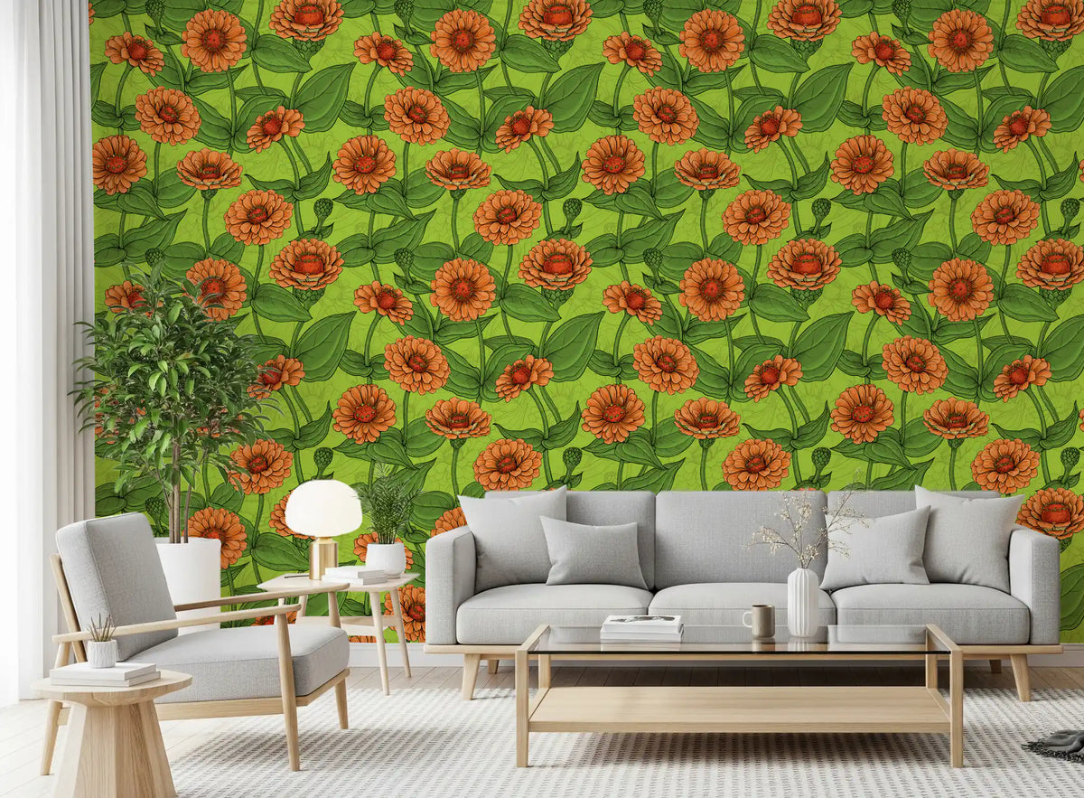 Papier peint de jardin de zinnias orange éclatant⁠