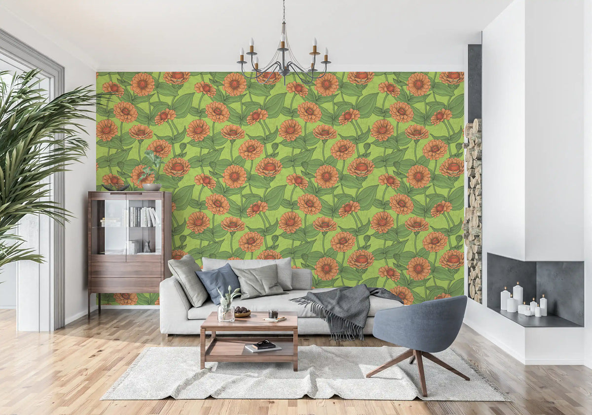 Papier peint de jardin de zinnias orange éclatant⁠