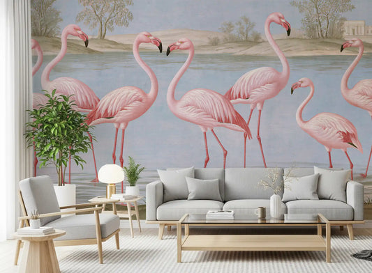 Wandmuurschildering Flamingo-oase met rivieroeverlandschap