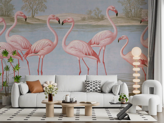 Wandmuurschildering Flamingo-oase met rivieroeverlandschap