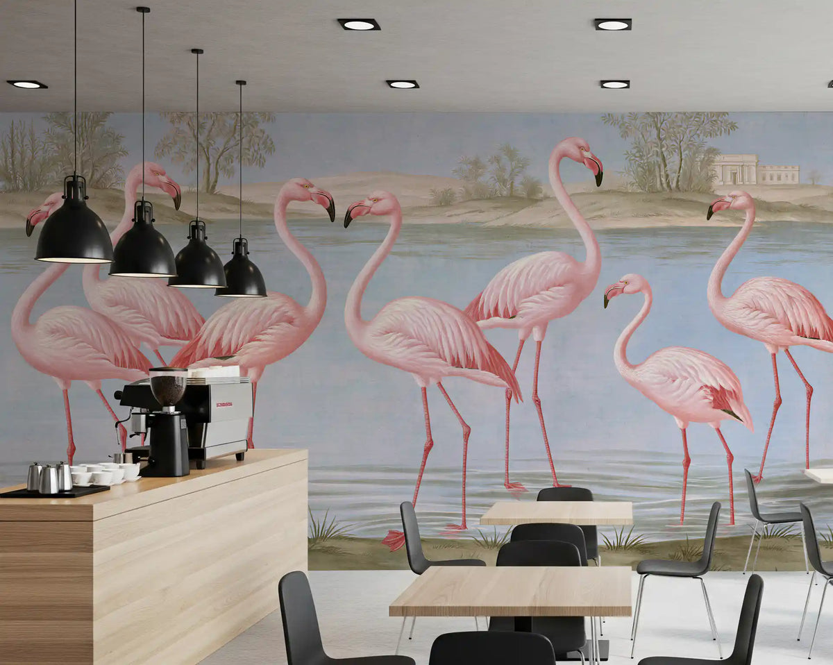 Wandbild „Flamingo-Oase am Flussufer“