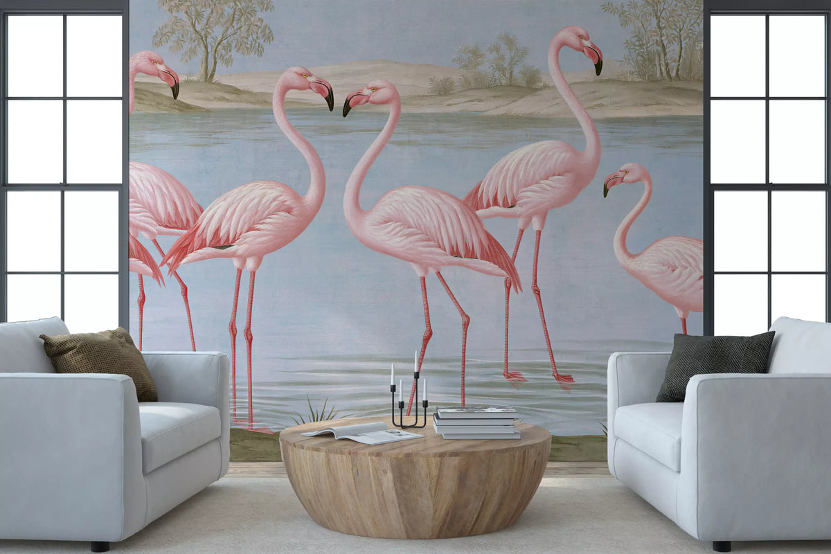 Wandbild „Flamingo-Oase am Flussufer“