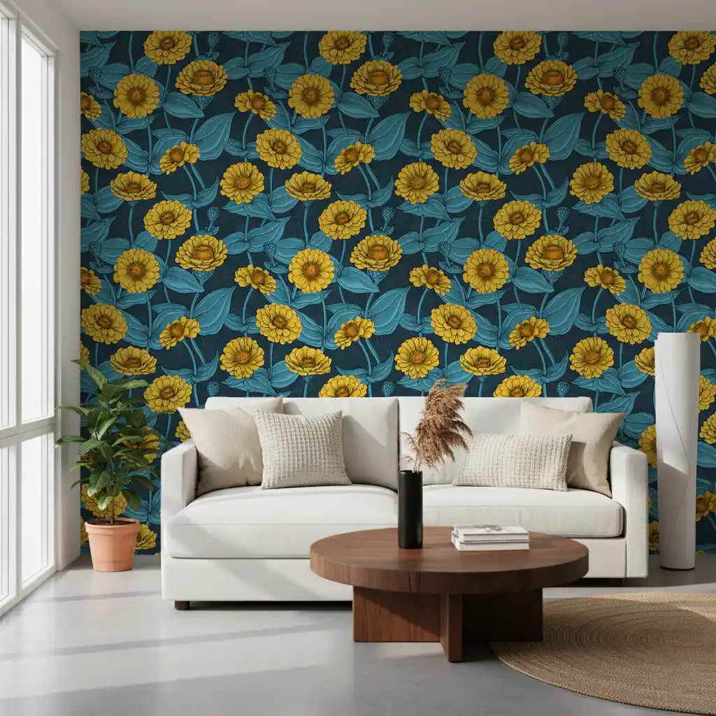 Papier peint botanique représentant un jardin de zinnias jaunes