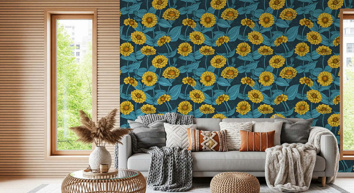 Papier peint botanique représentant un jardin de zinnias jaunes