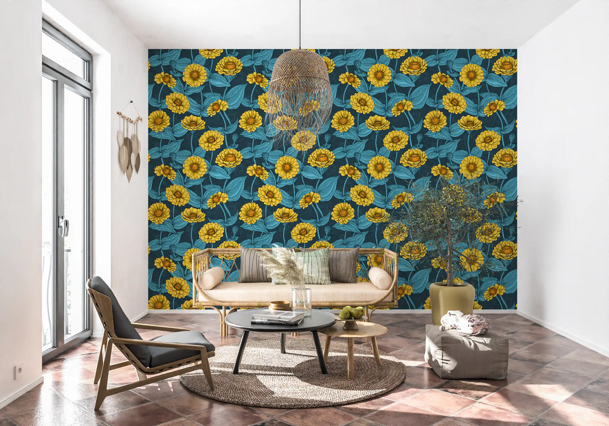 Papier peint botanique représentant un jardin de zinnias jaunes