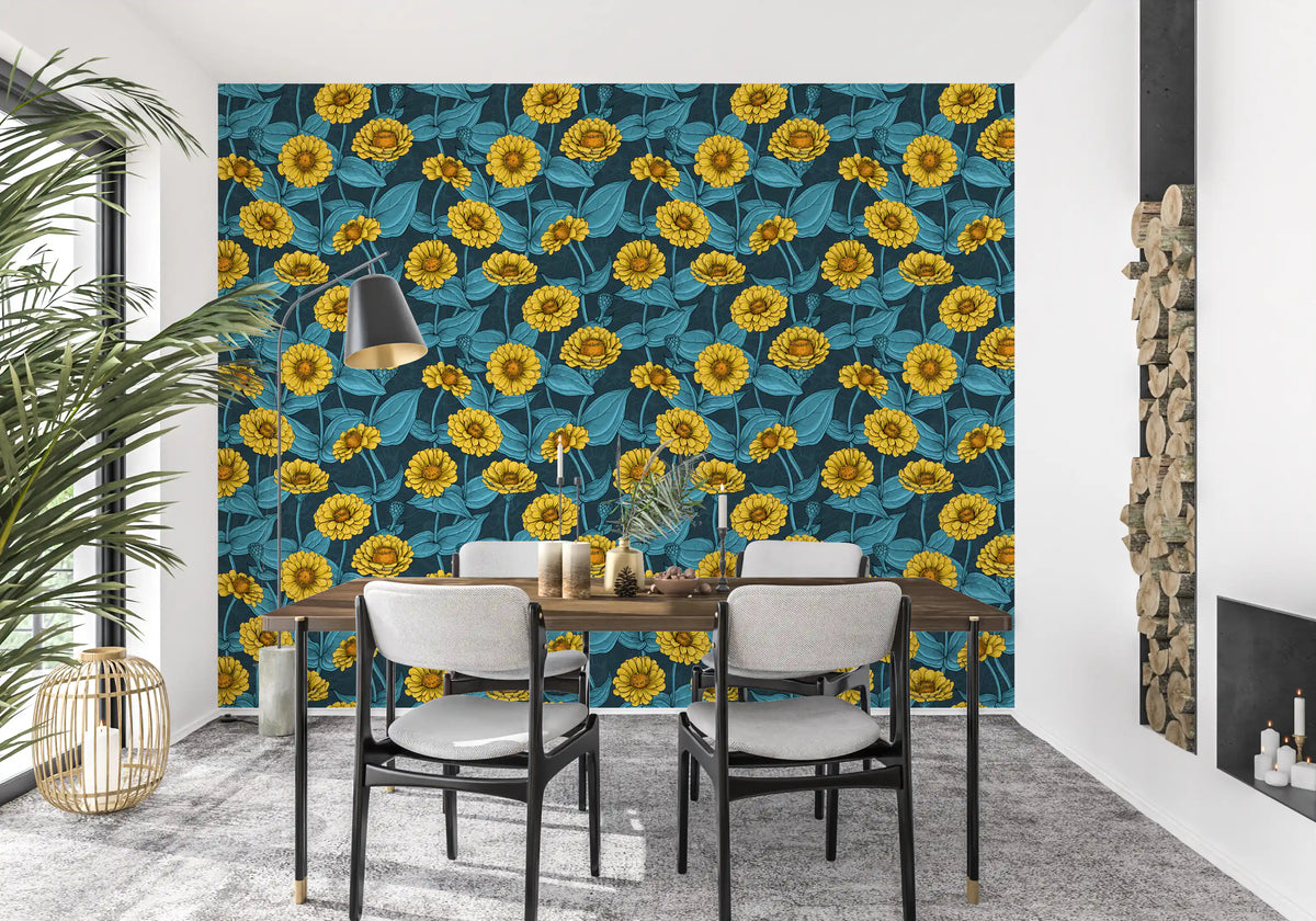Papier peint botanique représentant un jardin de zinnias jaunes