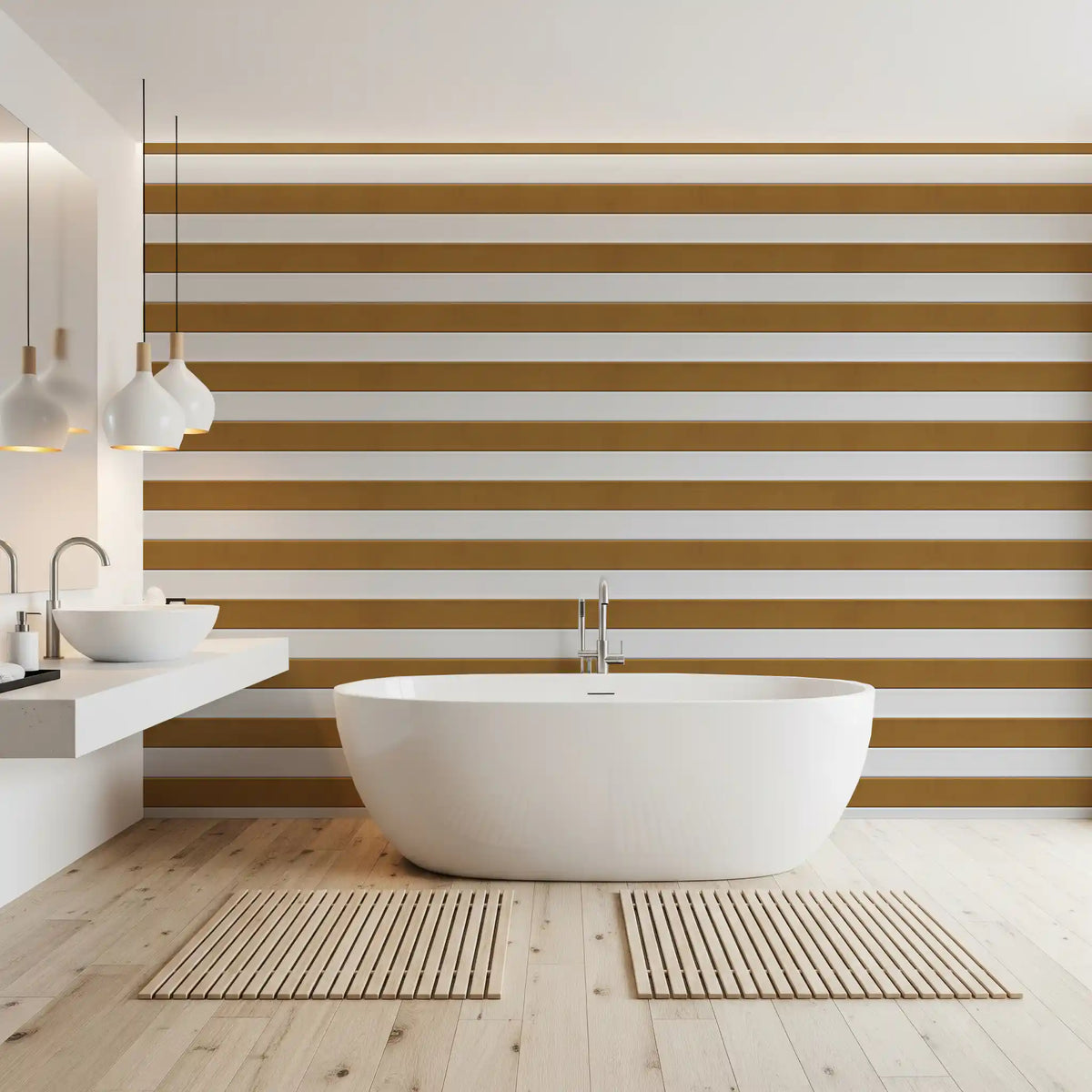 Papel de parede com textura às riscas bege-dourado