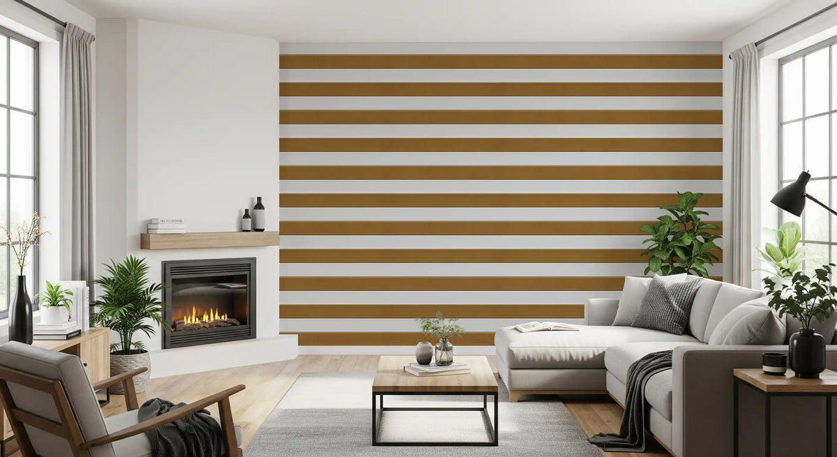 Papel de parede com textura às riscas bege-dourado