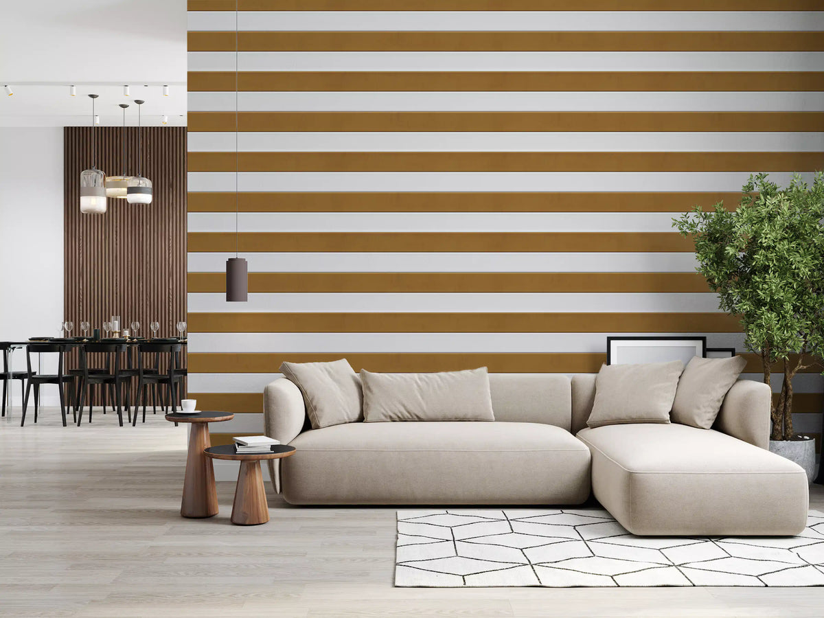 Papel de parede com textura às riscas bege-dourado