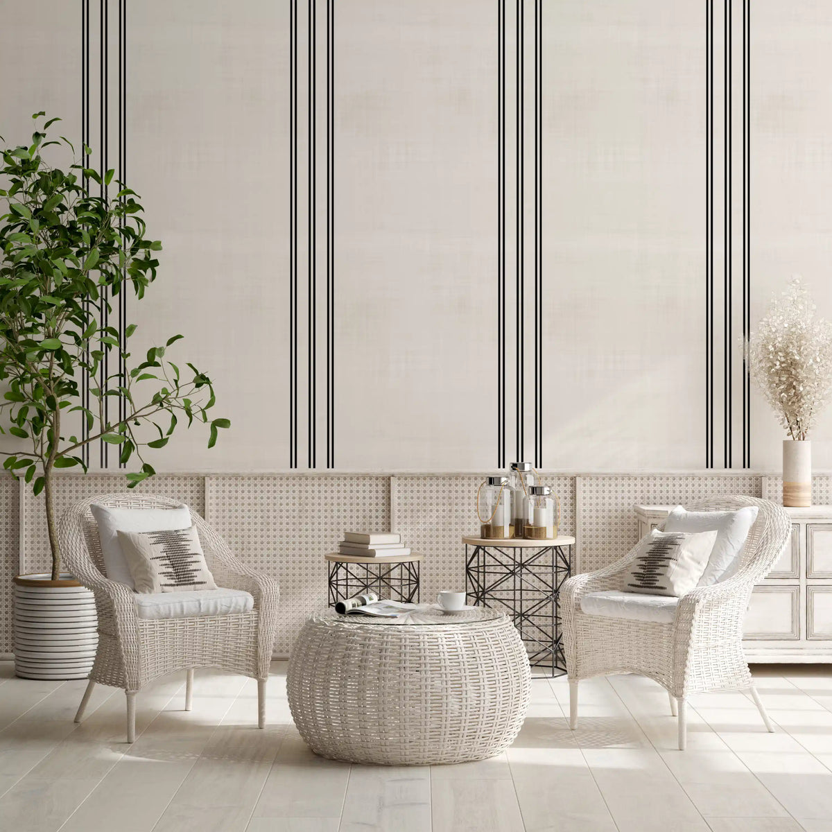 Carta da parati con texture effetto lino a strisce nere
