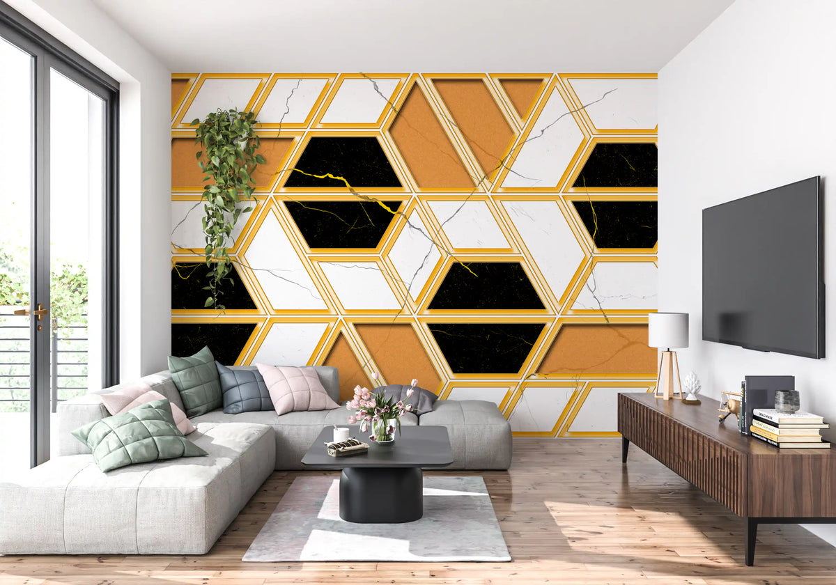Luxuriöses geometrisches Marmor-Wandbild als Gold-Tapete
