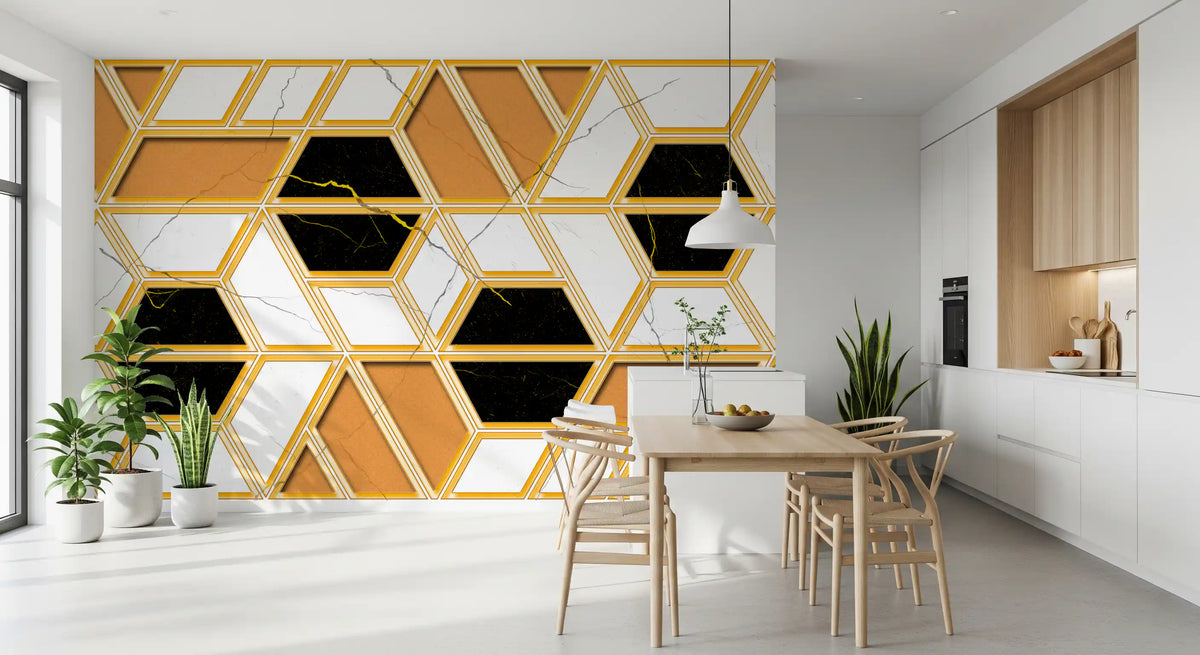 Luxuriöses geometrisches Marmor-Wandbild als Gold-Tapete