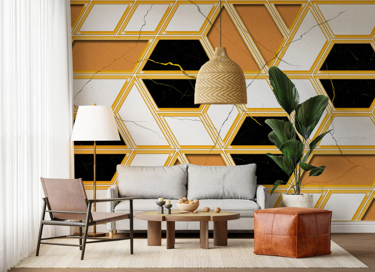 Luxuriöses geometrisches Marmor-Wandbild als Gold-Tapete