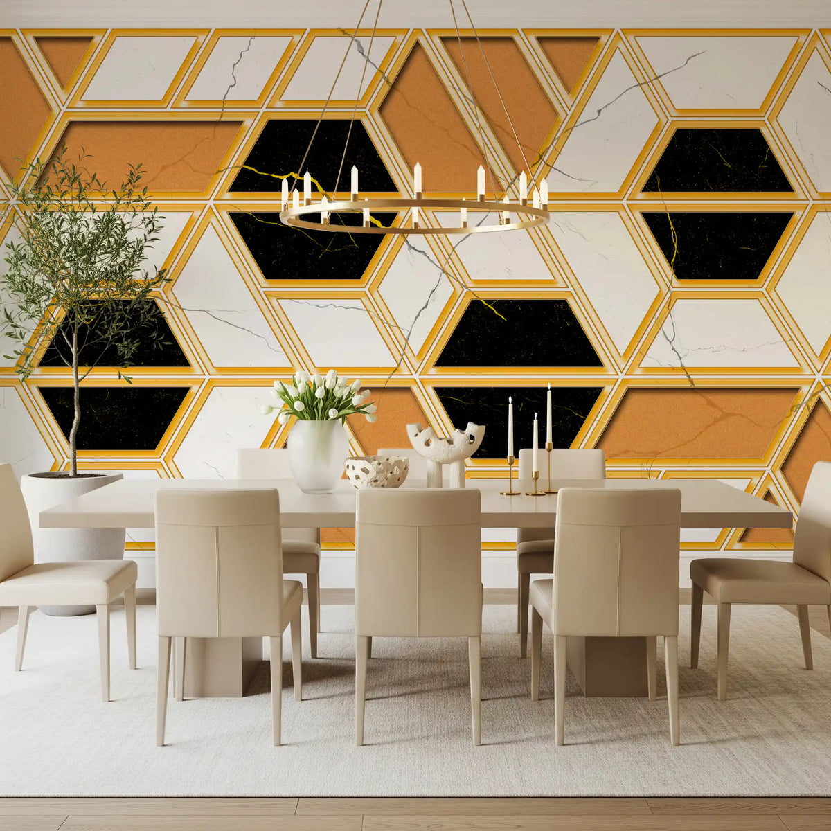 Luxuriöses geometrisches Marmor-Wandbild als Gold-Tapete