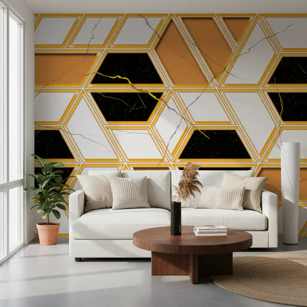 Luxuriöses geometrisches Marmor-Wandbild als Gold-Tapete