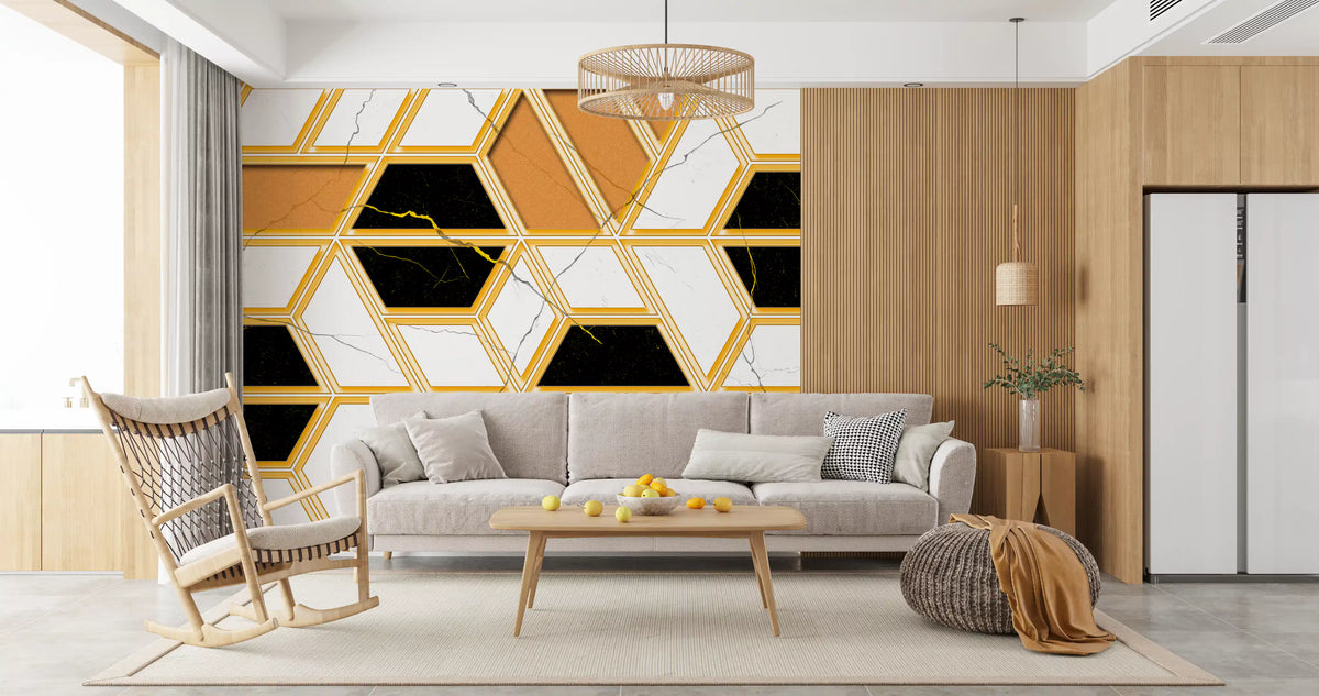 Luxuriöses geometrisches Marmor-Wandbild als Gold-Tapete