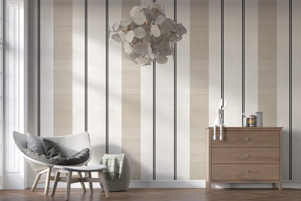 Papel de parede com textura de linho às riscas bege e pretas