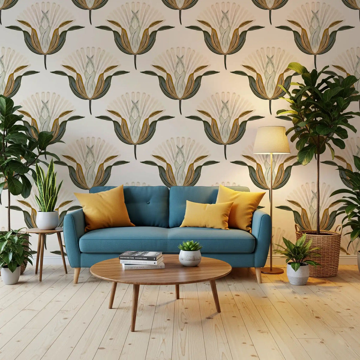 Carta da parati con fiori di loto verdi e color ottone