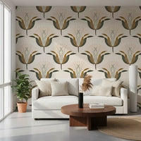 Carta da parati con fiori di loto verdi e color ottone