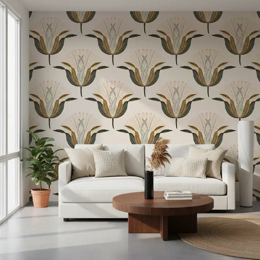 White sofa and dark round wood coffee table against green and brass lotus flower wallpaper GD13916