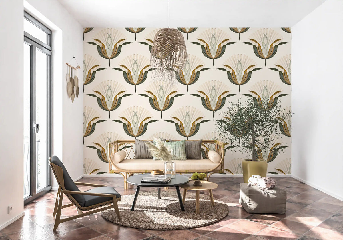 Carta da parati con fiori di loto verdi e color ottone