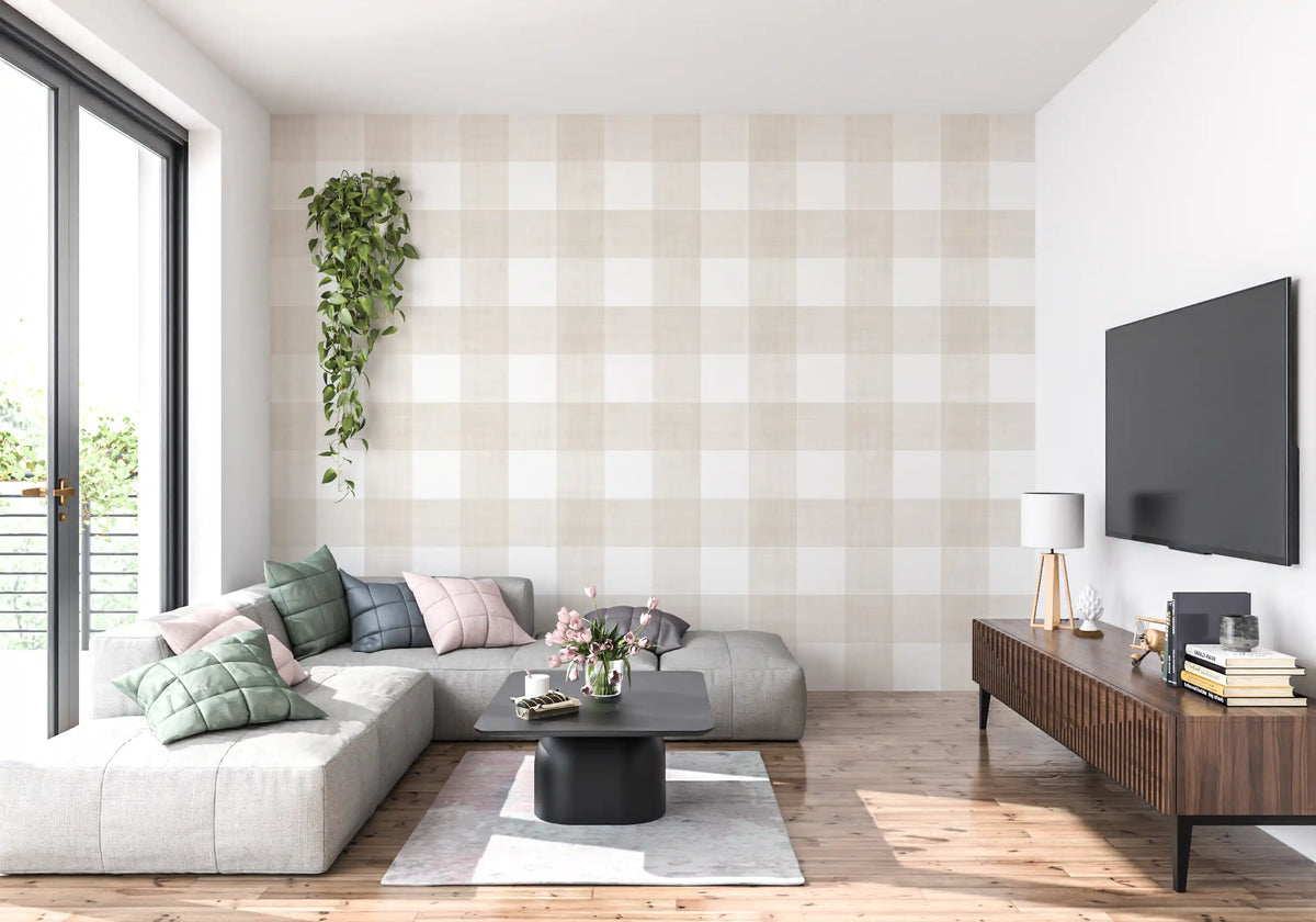 Beige gingham-ruutukuosinen pellavan näköinen tekstuuritapetti