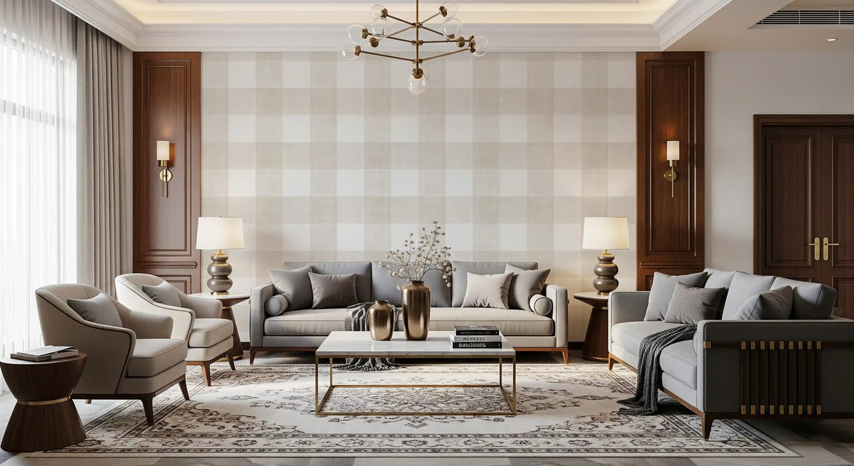 Beige gingham-ruutukuosinen pellavan näköinen tekstuuritapetti