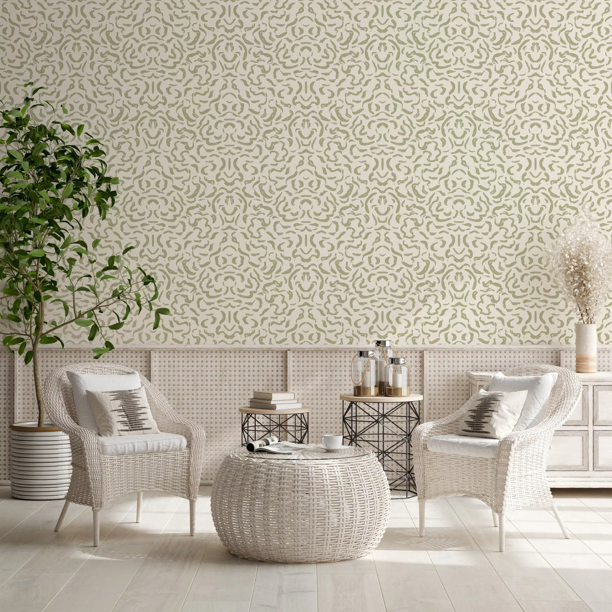 Papel de parede minimalista com linhas de pinceladas em verde-sálvia