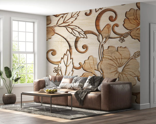 : Vintage Beige Floral Wood Texture Wallpaper Wall Mural