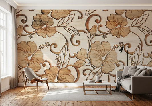 : Vintage Beige Floral Wood Texture Wallpaper Wall Mural