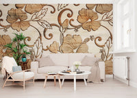 : Vintage Beige Floral Wood Texture Wallpaper Wall Mural
