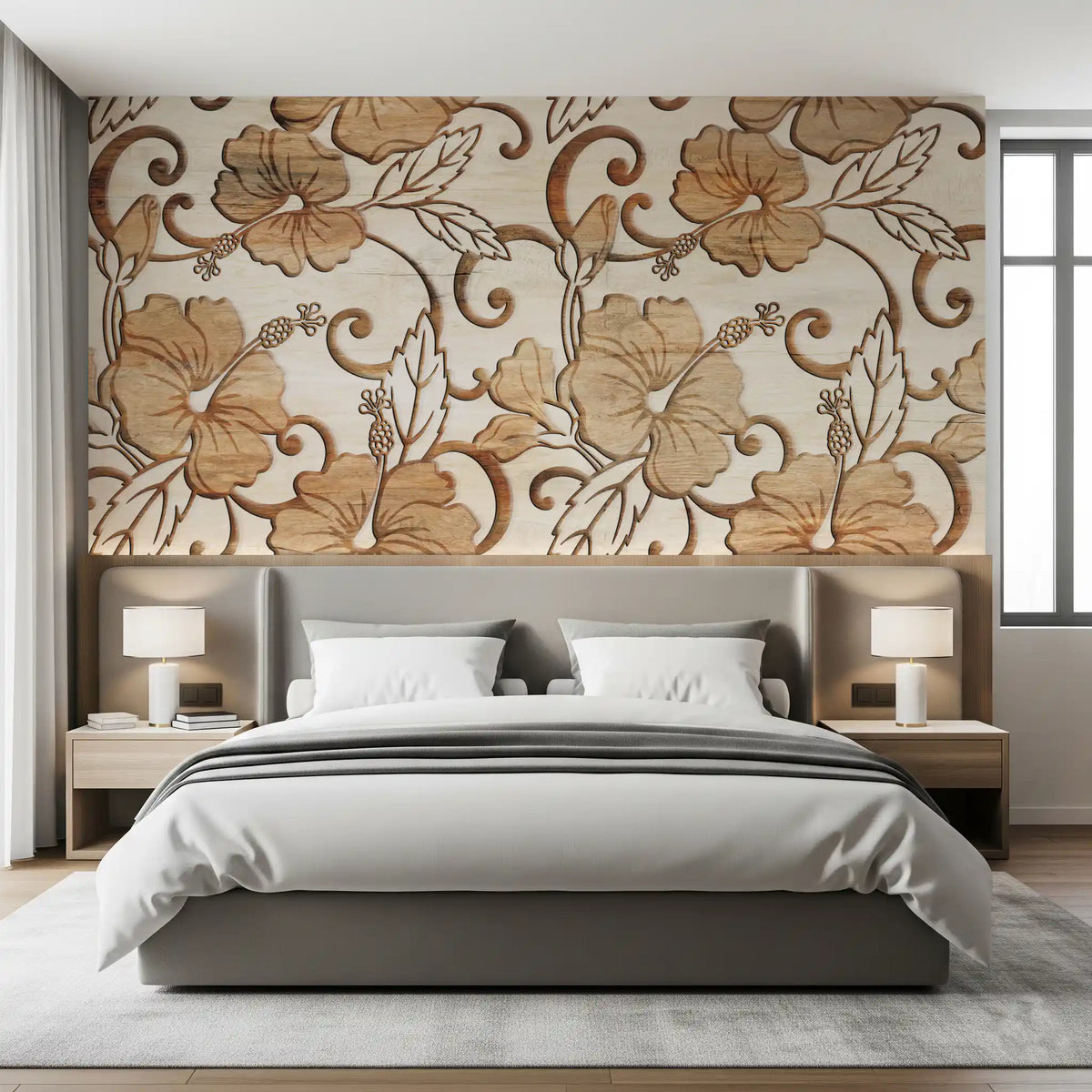 : Vintage Beige Floral Wood Texture Wallpaper Wall Mural