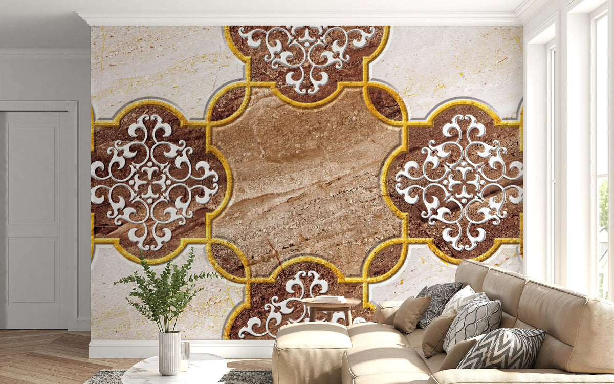 Luxuriöse beige Marmor-Wandtapete mit ornamentalem Gold, Wandbild