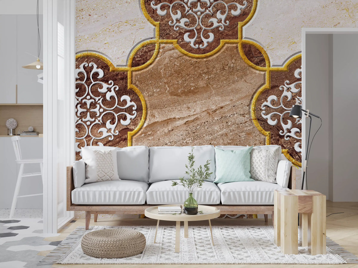 Luxuriöse beige Marmor-Wandtapete mit ornamentalem Gold, Wandbild