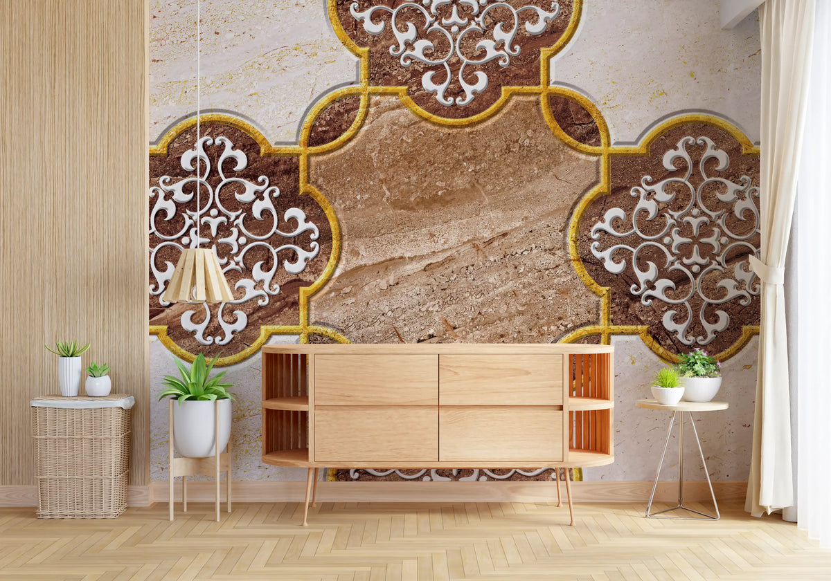 Luxuriöse beige Marmor-Wandtapete mit ornamentalem Gold, Wandbild