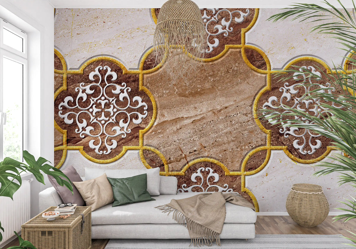 Luxuriöse beige Marmor-Wandtapete mit ornamentalem Gold, Wandbild