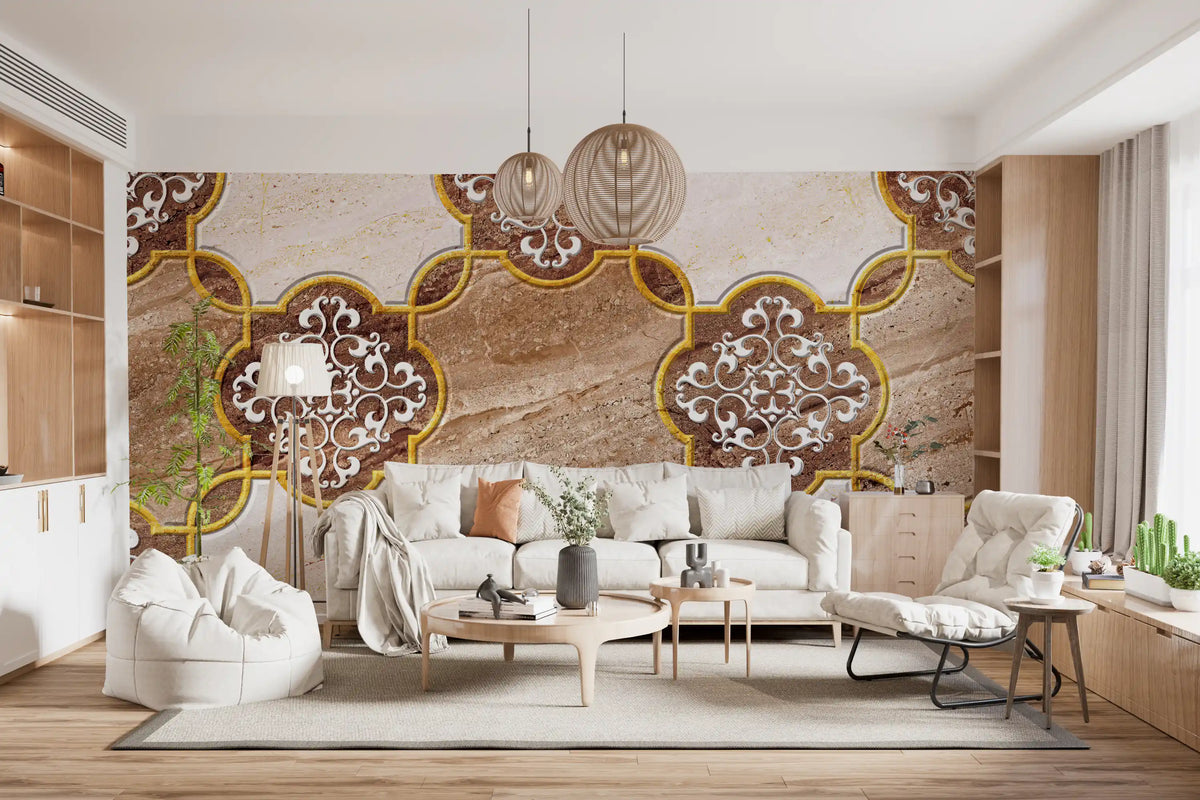 Luxuriöse beige Marmor-Wandtapete mit ornamentalem Gold, Wandbild