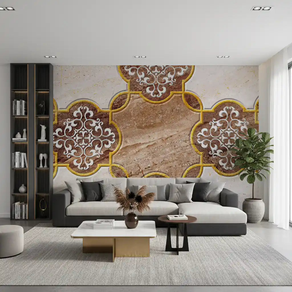 Luxuriöse beige Marmor-Wandtapete mit ornamentalem Gold, Wandbild