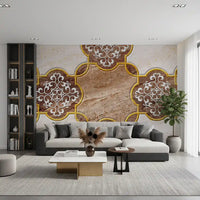 Luxuriöse beige Marmor-Wandtapete mit ornamentalem Gold, Wandbild