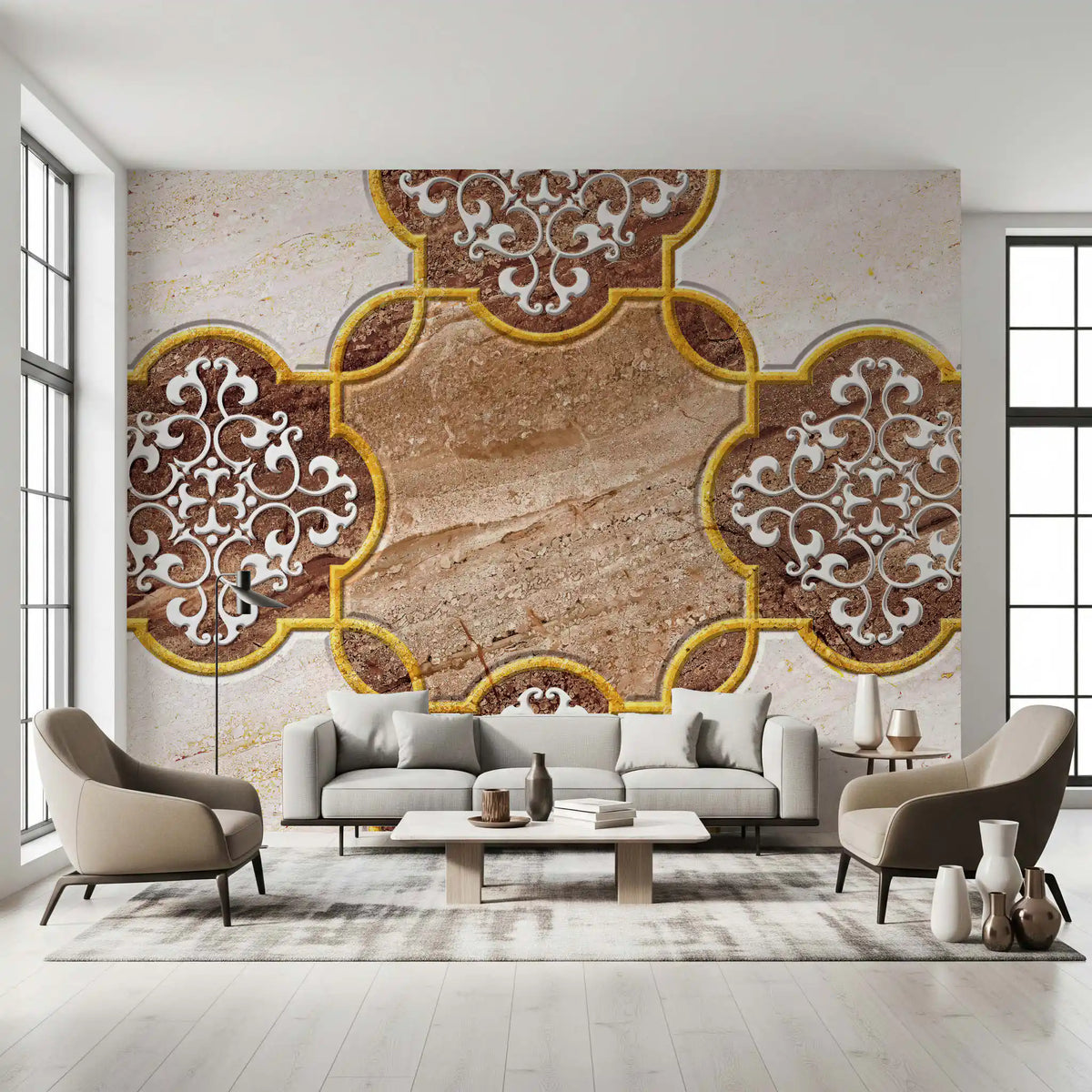 Luxuriöse beige Marmor-Wandtapete mit ornamentalem Gold, Wandbild