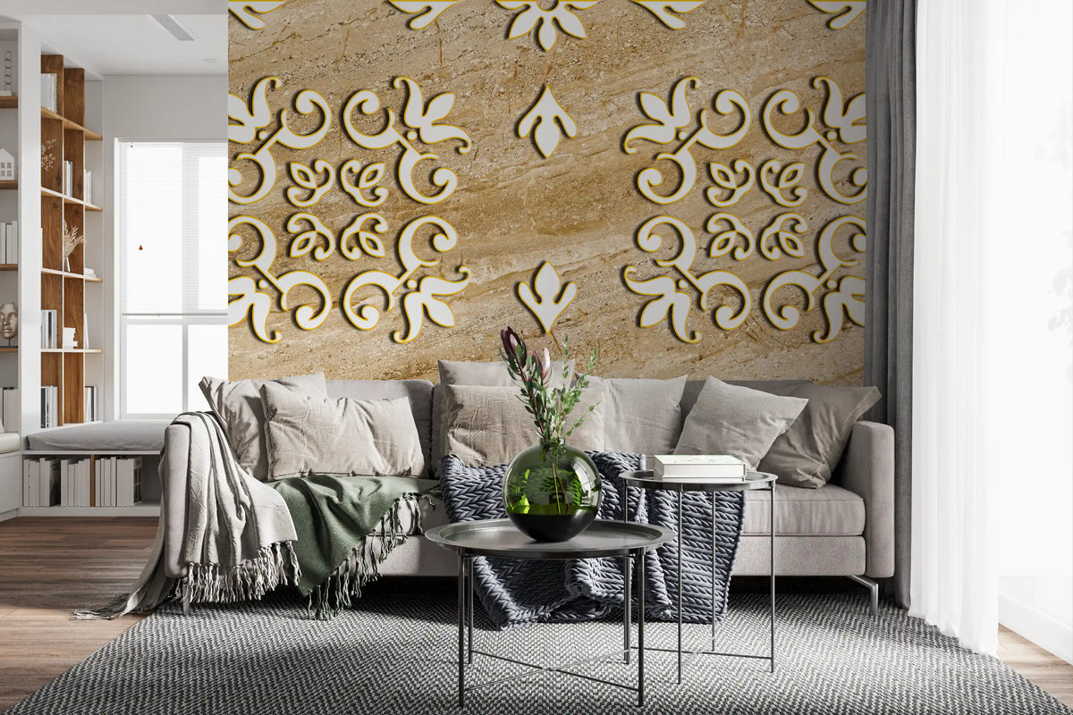Gray sofa with throw and black side table against baroque wallpaper on golden marble GD13933