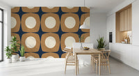 Papier peint à motif d’étoiles atomiques Mid-Century bleu marine et caramel\⁠