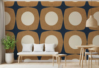 Papier peint à motif d’étoiles atomiques Mid-Century bleu marine et caramel\⁠