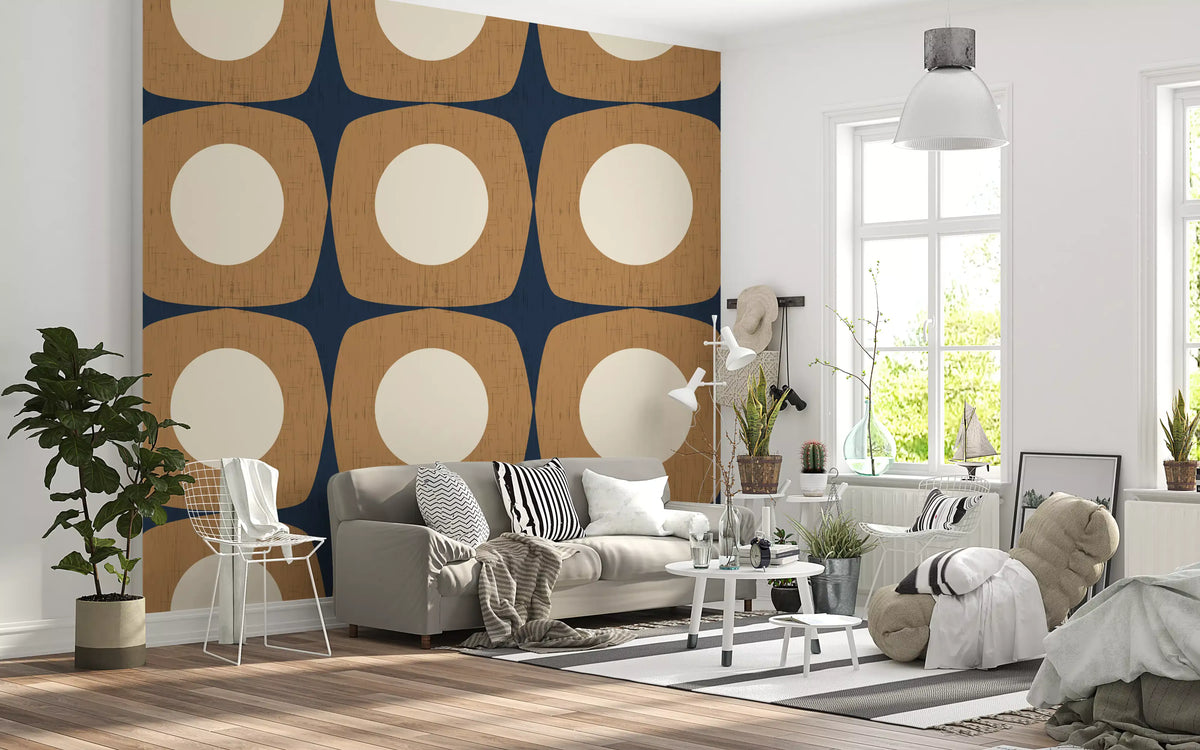 Papier peint à motif d’étoiles atomiques Mid-Century bleu marine et caramel\⁠