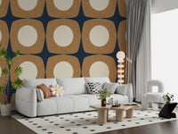 Papier peint à motif d’étoiles atomiques Mid-Century bleu marine et caramel\⁠