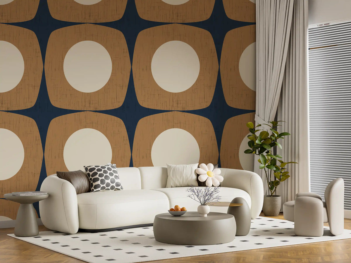 Papier peint à motif d’étoiles atomiques Mid-Century bleu marine et caramel\⁠