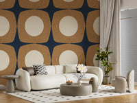 Papier peint à motif d’étoiles atomiques Mid-Century bleu marine et caramel\⁠
