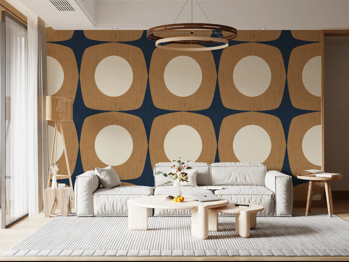 Papier peint à motif d’étoiles atomiques Mid-Century bleu marine et caramel\⁠
